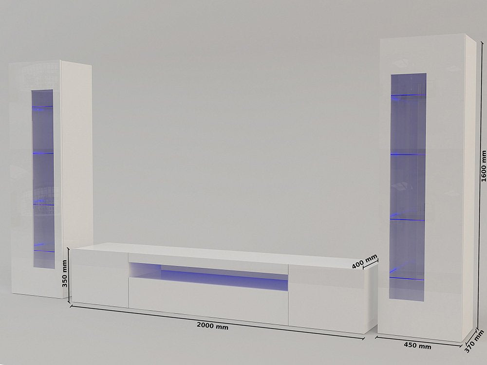 Parete attrezzata da soggiorno Aslhey, Made in Italy, Mobile porta TV, Set salotto moderno, cm 300x40h162, Bianco lucido