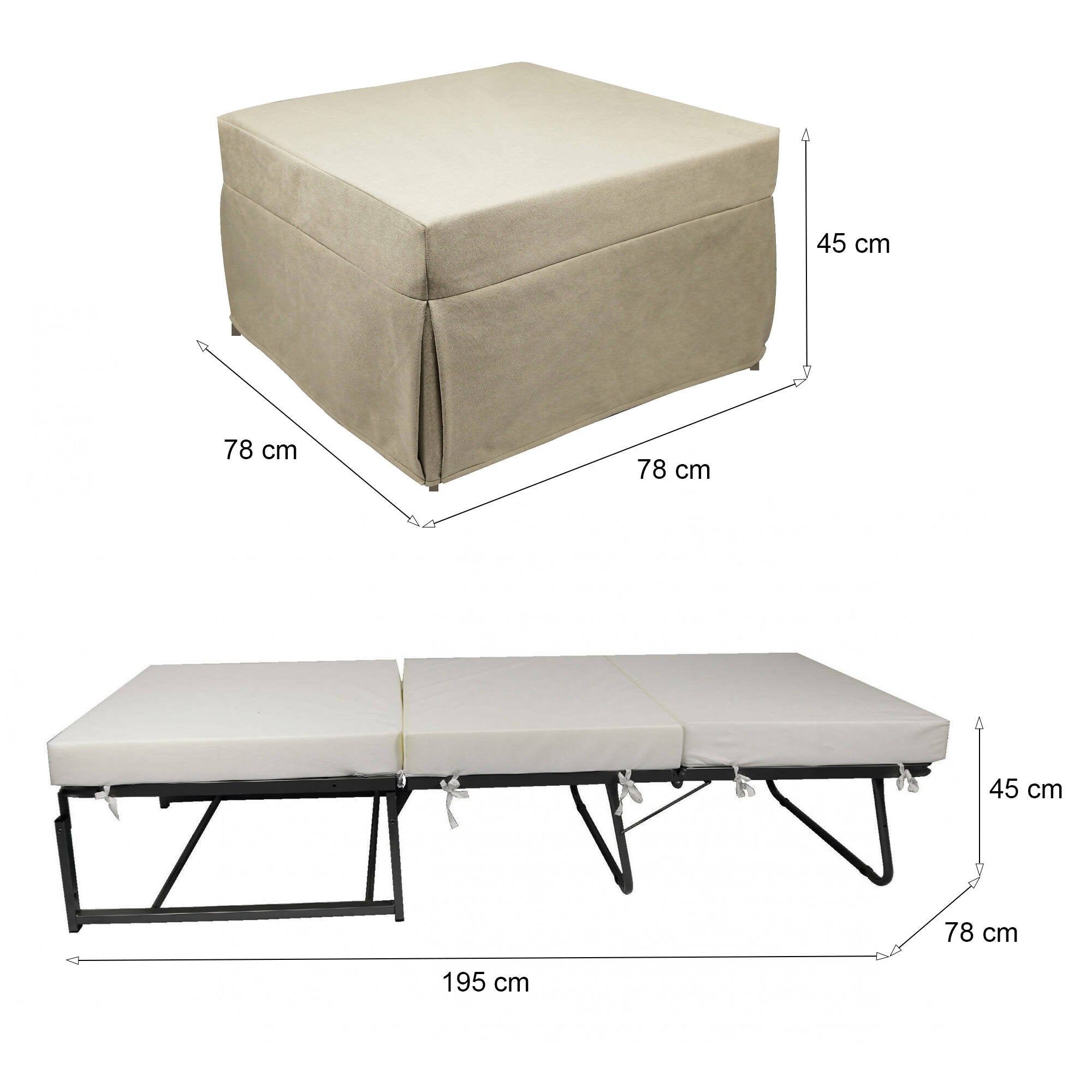 Puof trasformabile in letto Arno, Made in Italy, Letto pieghevole, Pouf in tessuto sfoderabile salvaspazio da soggiorno, cm 78x78/195h45, Beige