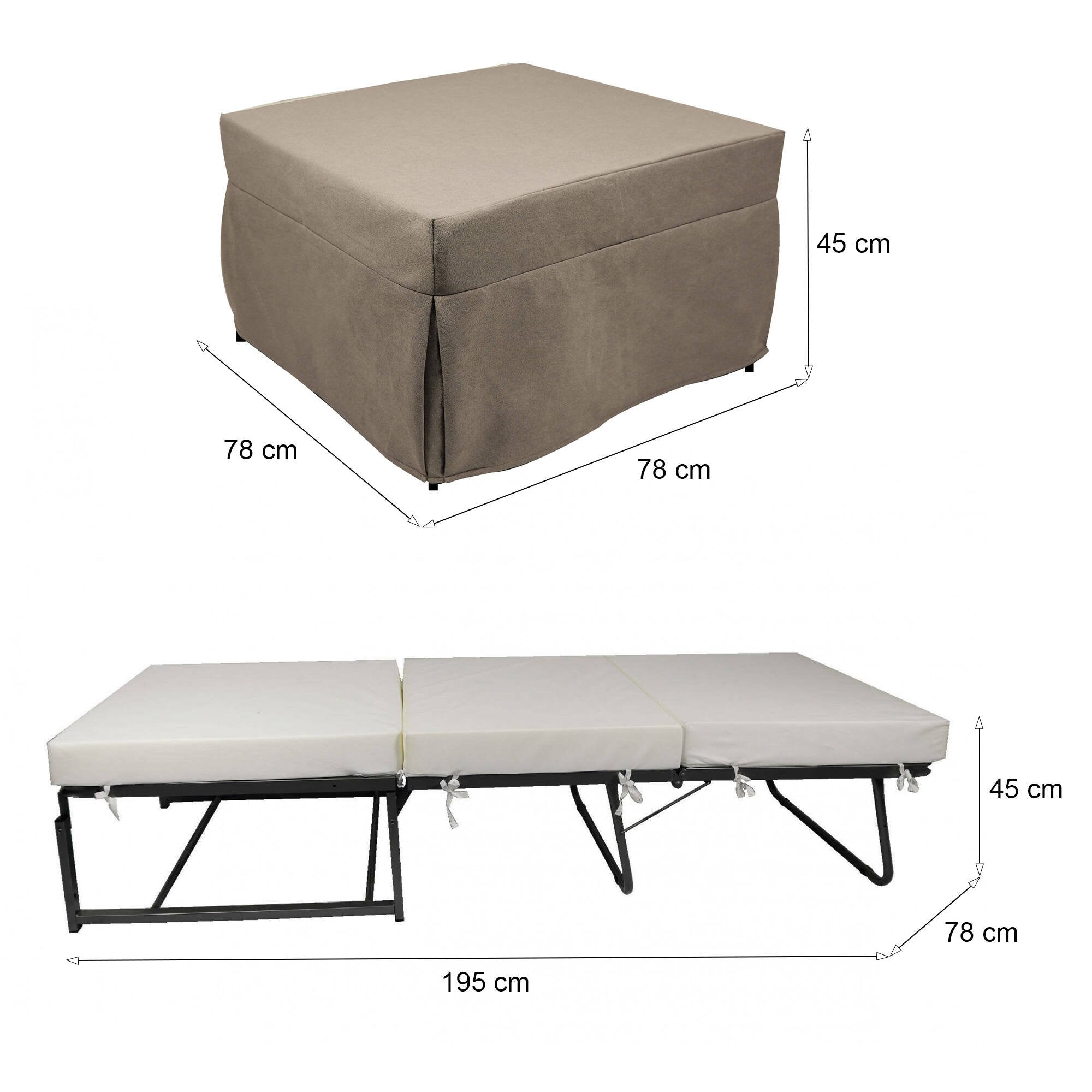 Puof trasformabile in letto Arno, Made in Italy, Letto pieghevole, Pouf in tessuto sfoderabile salvaspazio da soggiorno, cm 78x78/195h45, Tortora