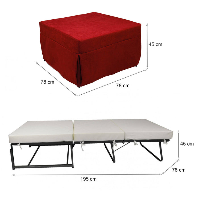 Pouf trasformabile in letto, in tessuto imbottito, rete e materasso inclusi, cm 75x75h42 cm, colore Rosso