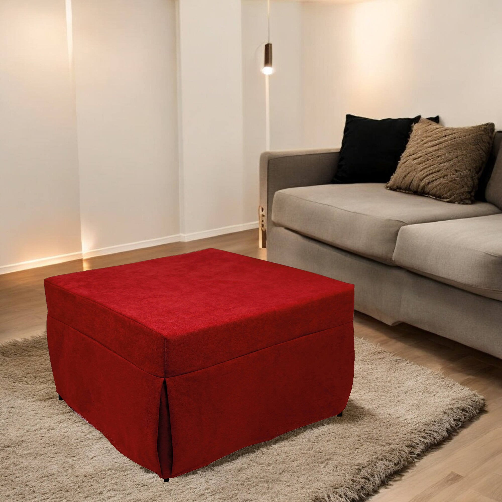 Pouf trasformabile in letto, in tessuto imbottito, rete e materasso inclusi, cm 75x75h42 cm, colore Rosso