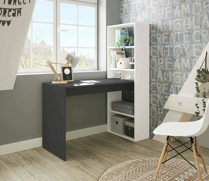 Scrivania Ali, Scrittoio reversibile con libreria a 5 ripiani, Tavolo da studio o ufficio porta PC portalibri, cm 120x53h144, Bianco e Antracite