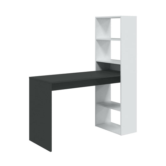 Scrivania Ali, Scrittoio reversibile con libreria a 5 ripiani, Tavolo da studio o ufficio porta PC portalibri, cm 120x53h144, Bianco e Antracite