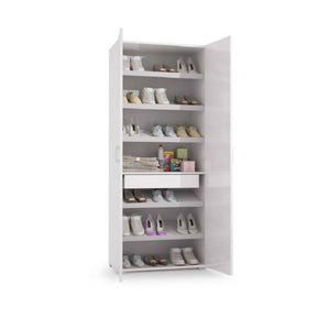 Scarpiera Eracle, Mobile multiuso da ingresso con anta a specchio , Armadio moderno portascarpe a 6 ripiani, Made in Italy, Cm 72x37h195, Bianco e Cemento