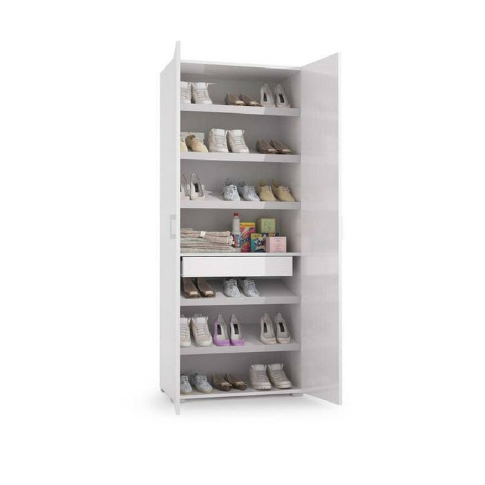 Scarpiera Eracle, Mobile multiuso da ingresso con anta a specchio , Armadio moderno portascarpe a 6 ripiani, Made in Italy, Cm 72x37h195, Bianco e Cemento