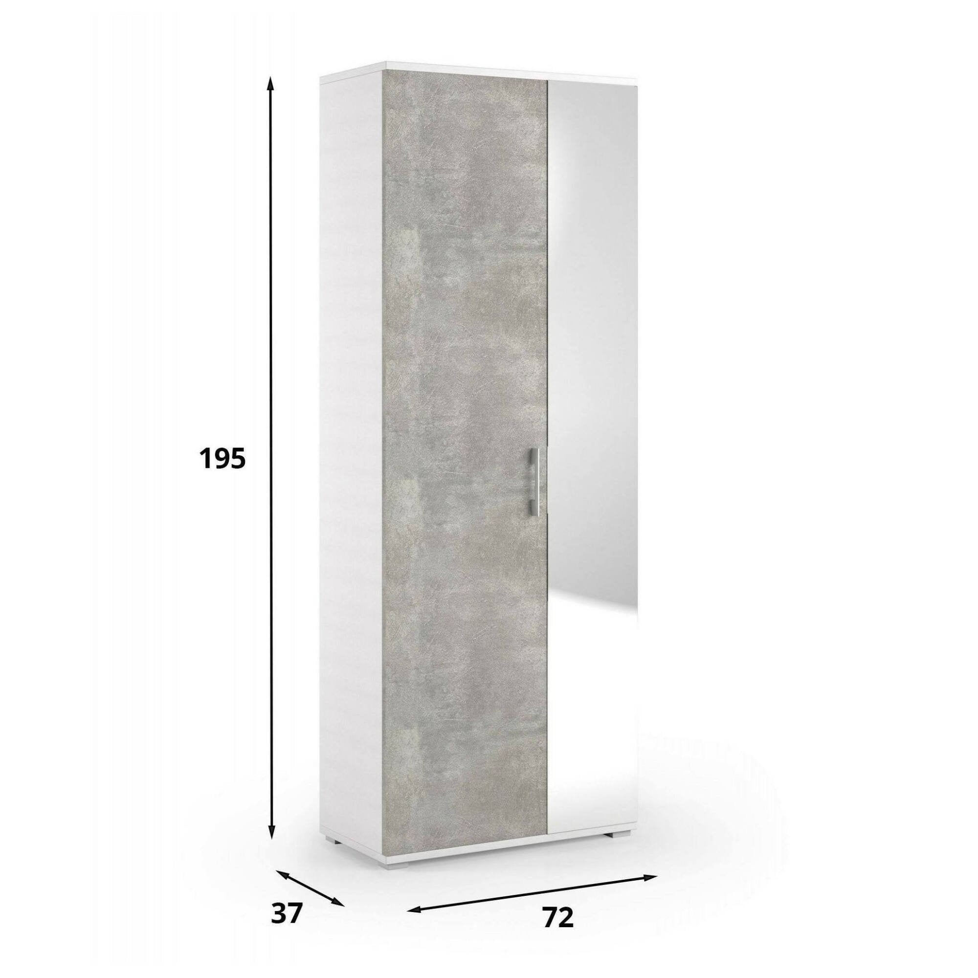 Scarpiera Eracle, Mobile multiuso da ingresso con anta a specchio , Armadio moderno portascarpe a 6 ripiani, Made in Italy, Cm 72x37h195, Bianco e Cemento