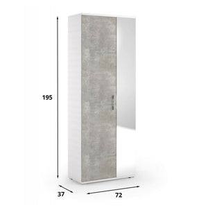 Scarpiera Eracle, Mobile multiuso da ingresso con anta a specchio , Armadio moderno portascarpe a 6 ripiani, Made in Italy, Cm 72x37h195, Bianco e Cemento