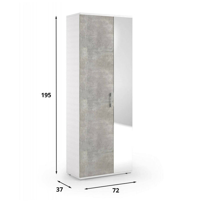 Scarpiera Eracle, Mobile multiuso da ingresso con anta a specchio , Armadio moderno portascarpe a 6 ripiani, Made in Italy, Cm 72x37h195, Bianco e Cemento