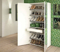 Scarpiera Eracle, Mobile multiuso da ingresso con anta a specchio , Armadio moderno portascarpe a 6 ripiani, Made in Italy, Cm 72x37h195, Bianco e Cemento