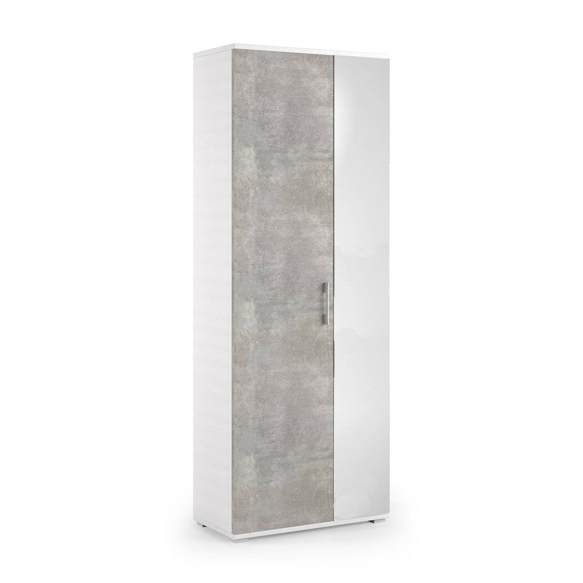 Scarpiera Eracle, Mobile multiuso da ingresso con anta a specchio , Armadio moderno portascarpe a 6 ripiani, Made in Italy, Cm 72x37h195, Bianco e Cemento