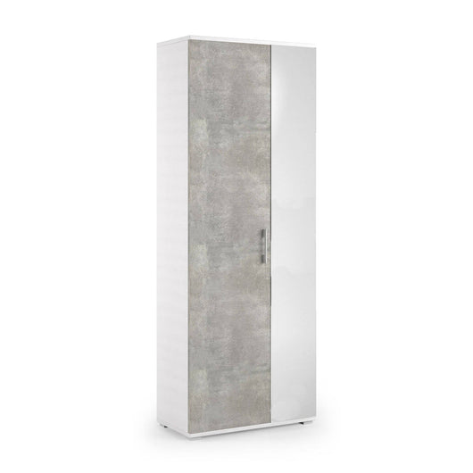 Scarpiera Eracle, Mobile multiuso da ingresso con anta a specchio , Armadio moderno portascarpe a 6 ripiani, Made in Italy, Cm 72x37h195, Bianco e Cemento