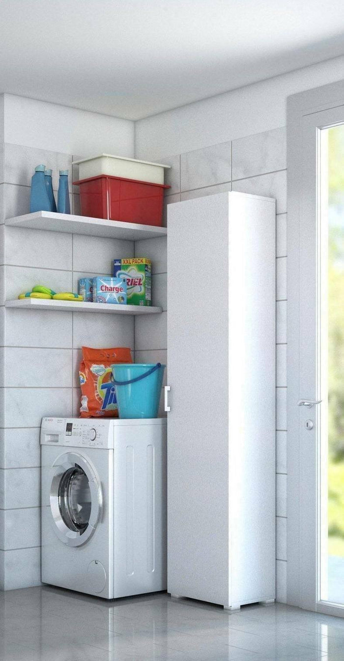 Armadio multiuso Aloise, Mobile lineare a 1 Anta battenti e 4 ripiani regolabili, Mobile a colonna per bagno, Made in Italy, Cm 45x45h195, Bianco