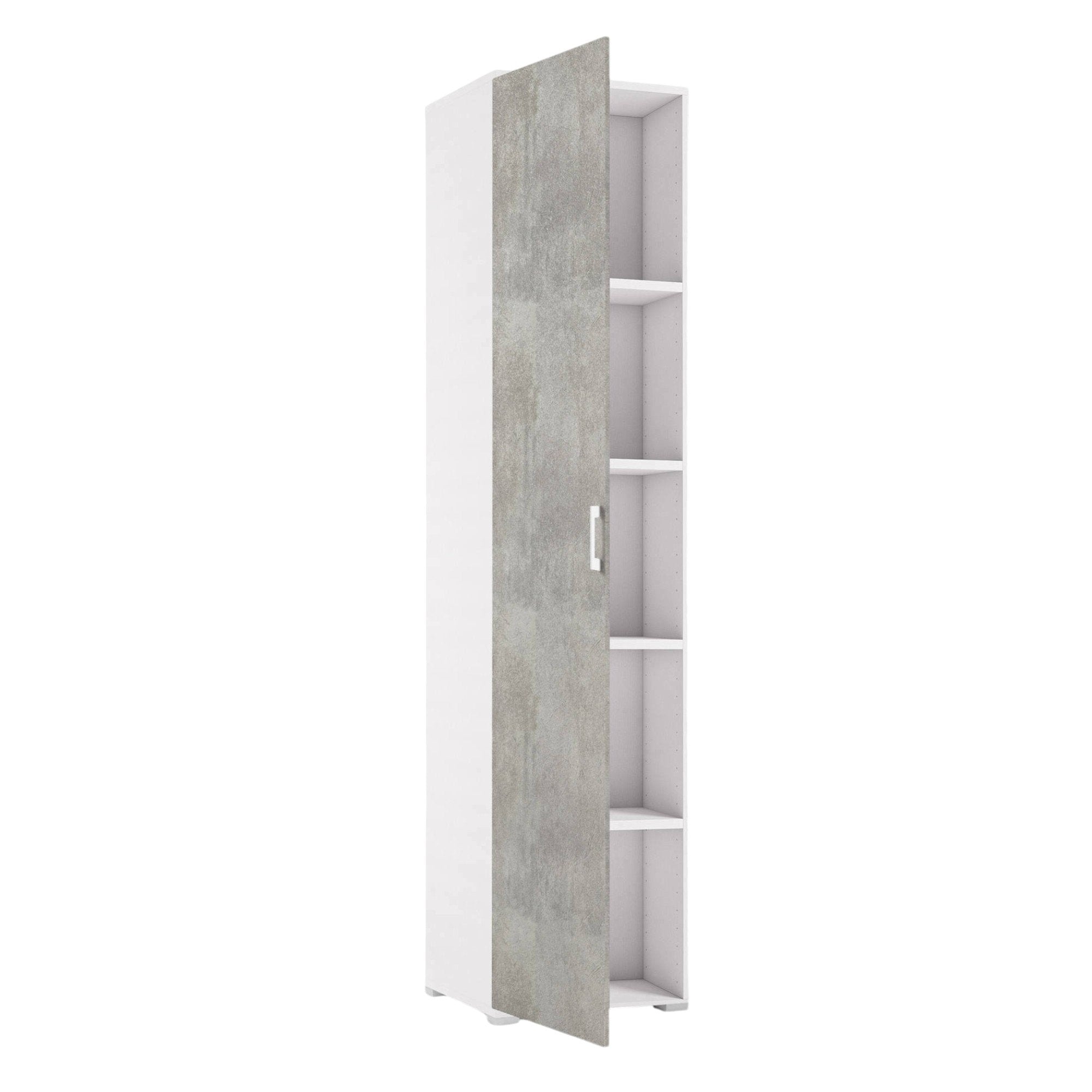 Armadio multiuso Aloise, Mobile lineare a 1 Anta battenti e 4 ripiani regolabili, Mobile a colonna per bagno, Made in Italy, Cm 45x45h195, Cemento e Bianco