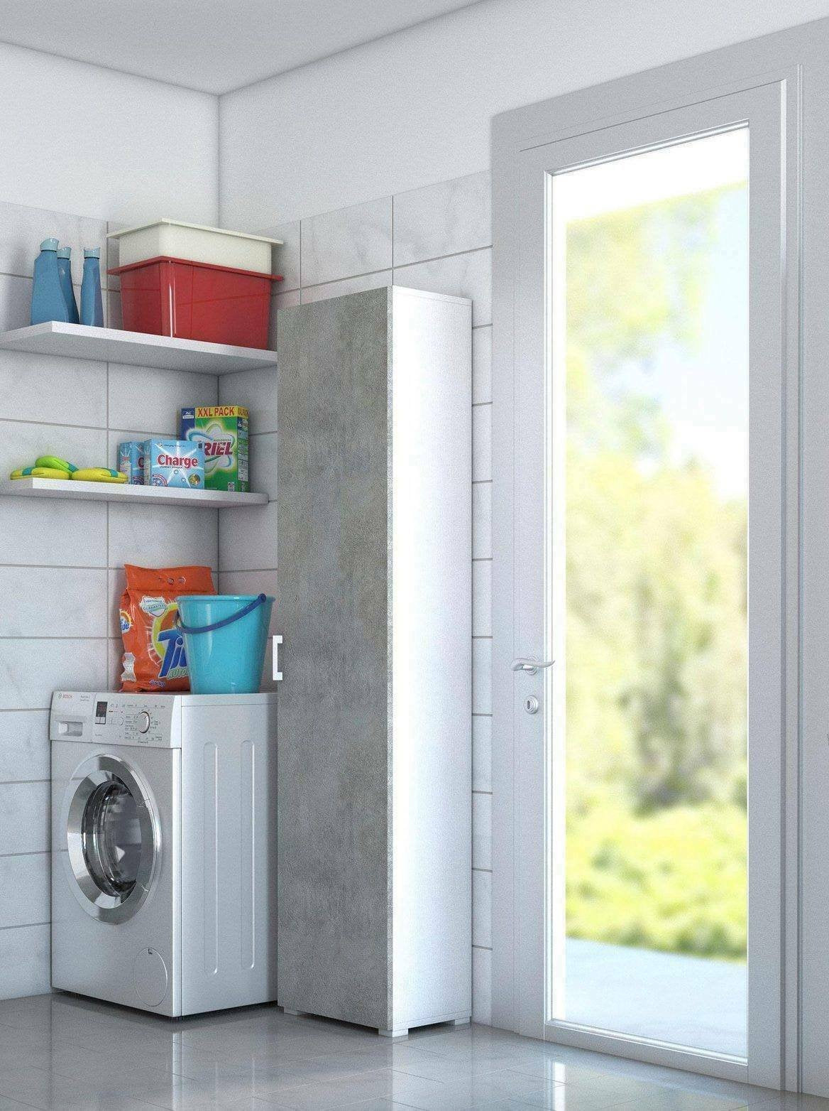 Armadio multiuso Aloise, Mobile lineare a 1 Anta battenti e 4 ripiani regolabili, Mobile a colonna per bagno, Made in Italy, Cm 45x45h195, Cemento e Bianco