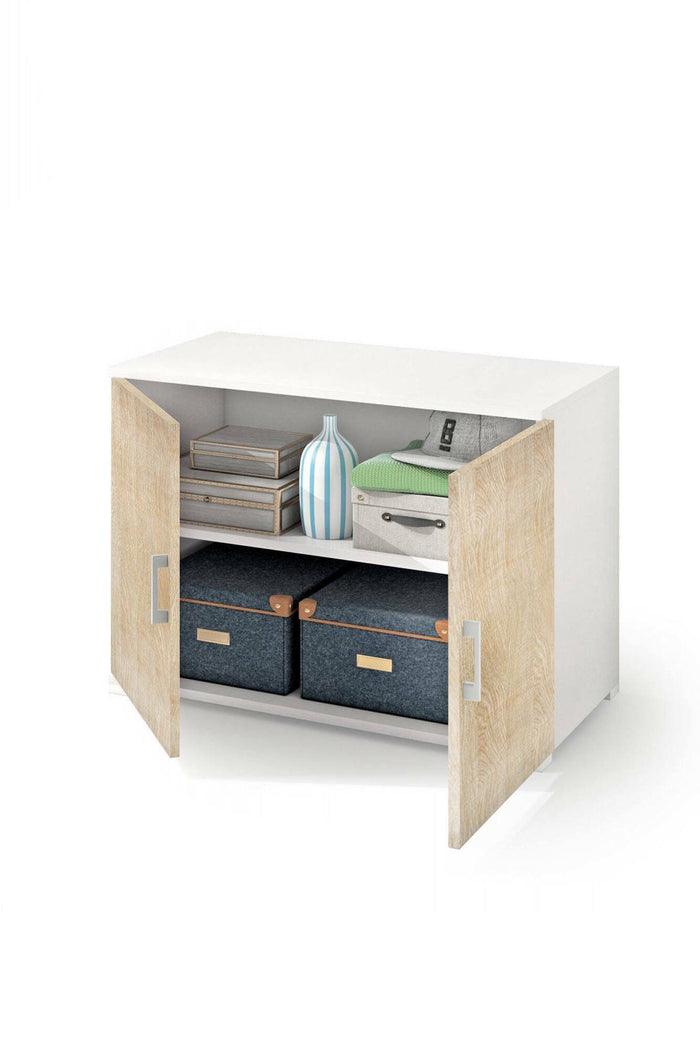 Armadio multiuso Serafinito, Mobile lineare a 2 Ante battenti con ripiano, Mobile da ingresso, Scarpiera moderna, Made in Italy, Cm 90x45h66, Rovere e Bianco