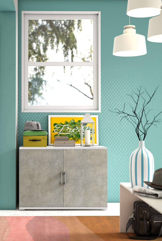 Armadio multiuso Serafinito, Mobile lineare a 2 Ante battenti con ripiano, Mobile da ingresso, Scarpiera moderna, Made in Italy, Cm 90x45h66, Cemento e Bianco