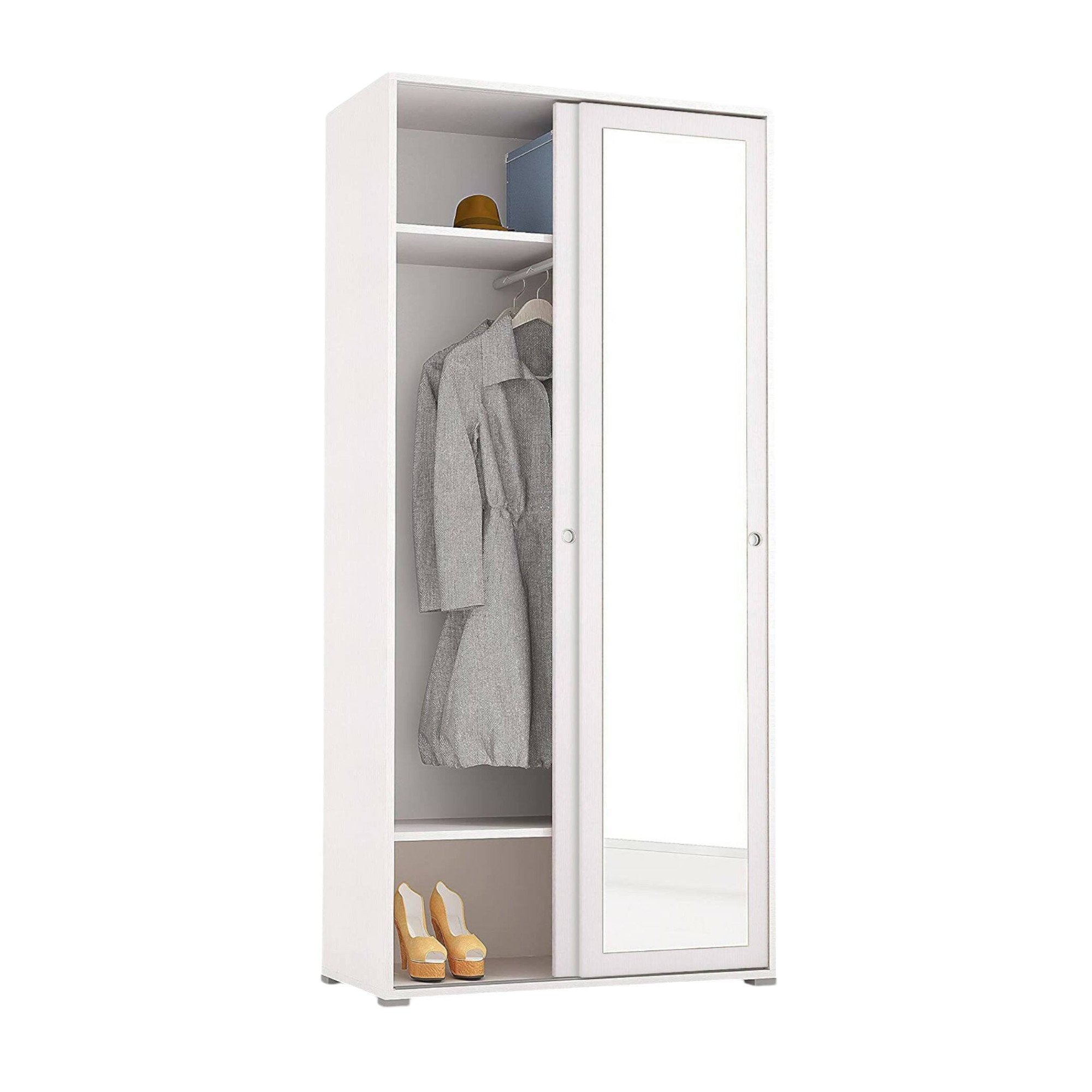 Guardaroba Abduhl, Armadio a 2 ante scorrevoli e specchio, Mobile con barra appendiabiti e ripiani, Made in Italy, Cm 90x45h195, Bianco
