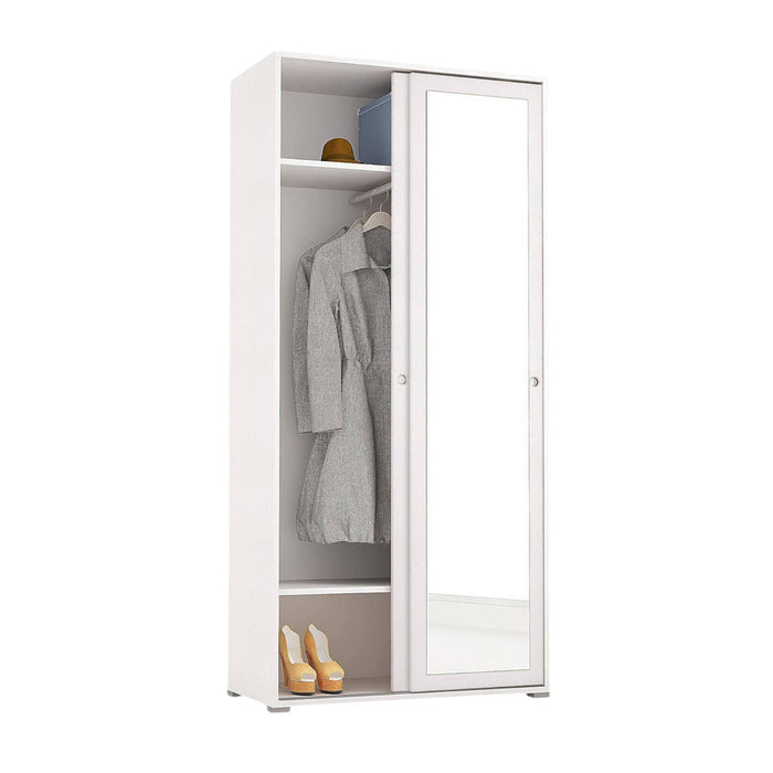 Guardaroba Abduhl, Armadio a 2 ante scorrevoli e specchio, Mobile con barra appendiabiti e ripiani, Made in Italy, Cm 90x45h195, Bianco