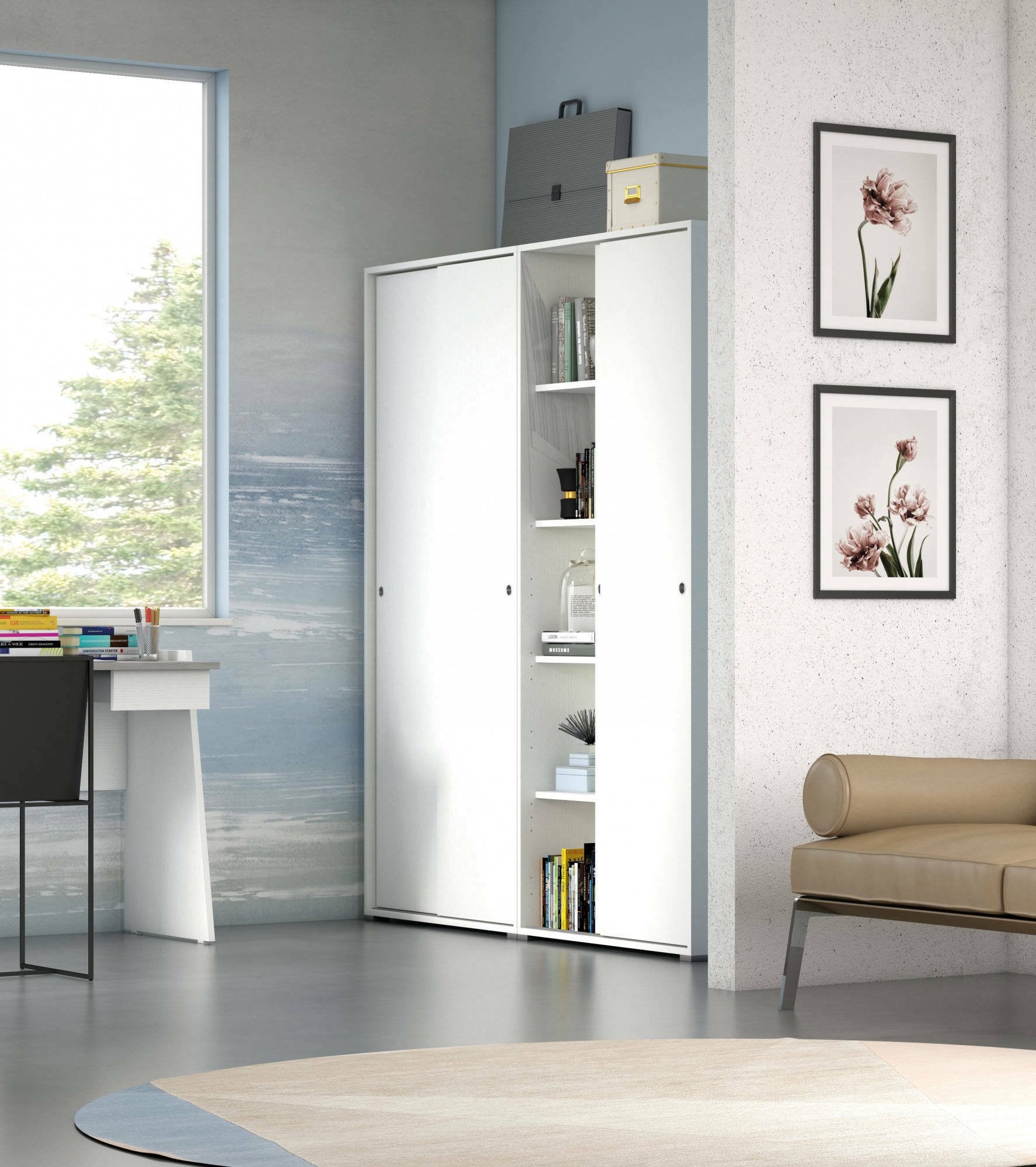 Guardaroba Alaysia, Armadio a 2 ante scorrevoli e 4 ripiani, Mobile moderno multiuso per camera da letto, Made in Italy, Cm 90x45h195, Bianco