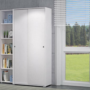 Guardaroba Alaysia, Armadio a 2 ante scorrevoli e 4 ripiani, Mobile moderno multiuso per camera da letto, Made in Italy, Cm 90x45h195, Bianco