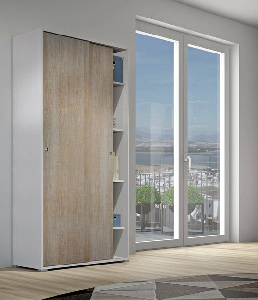 Guardaroba Alaysia, Armadio a 2 ante scorrevoli e 4 ripiani, Mobile moderno multiuso per camera da letto, Made in Italy, Cm 90x45h195, Rovere e Bianco