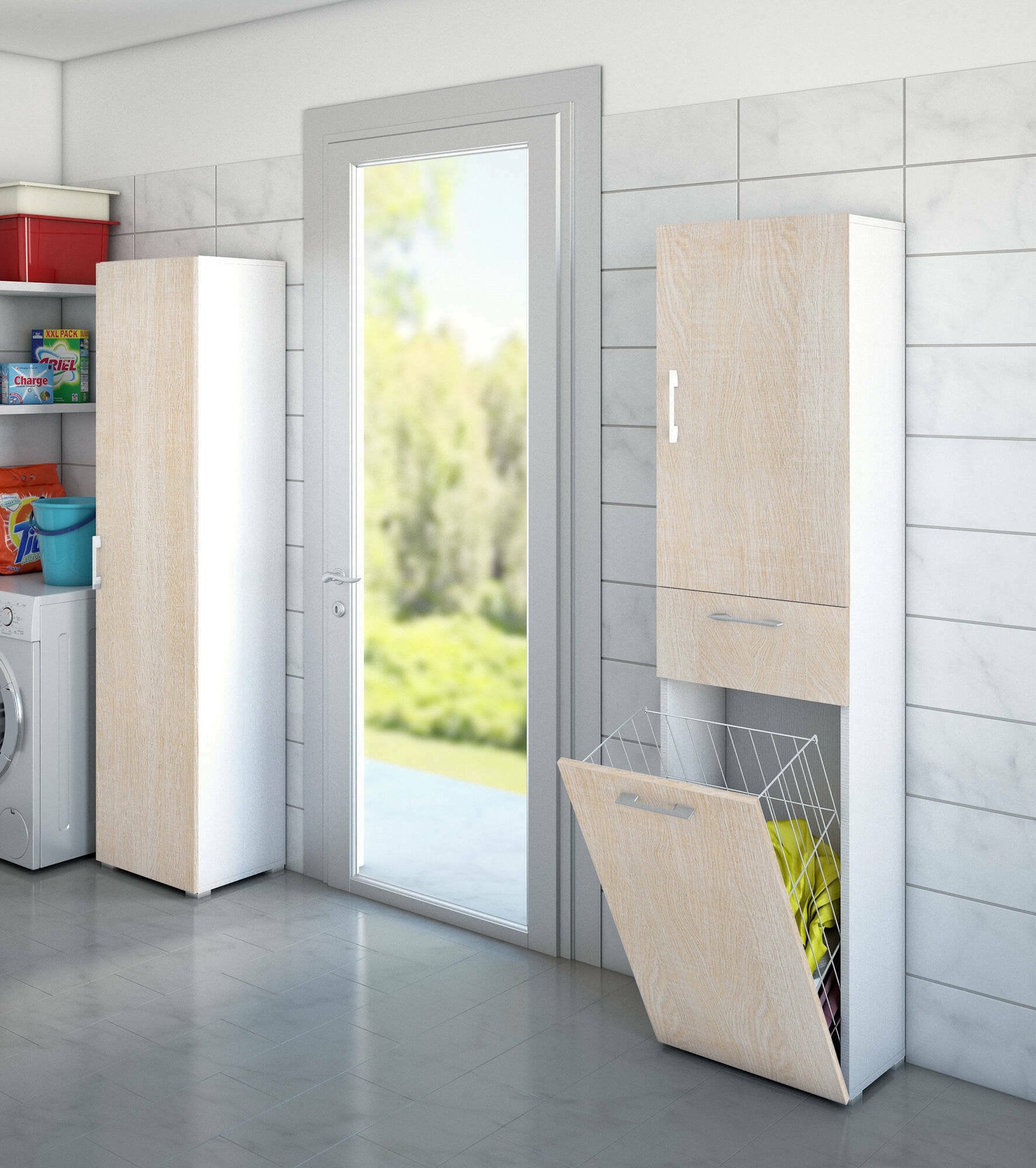 Armadio multiuso Aryanne, Mobile lavanderia lineare a 2 Ante, Colona da bagno con cestello potrabiancheria, Made in Italy, Cm 45x32h195, Rovere e Bianco