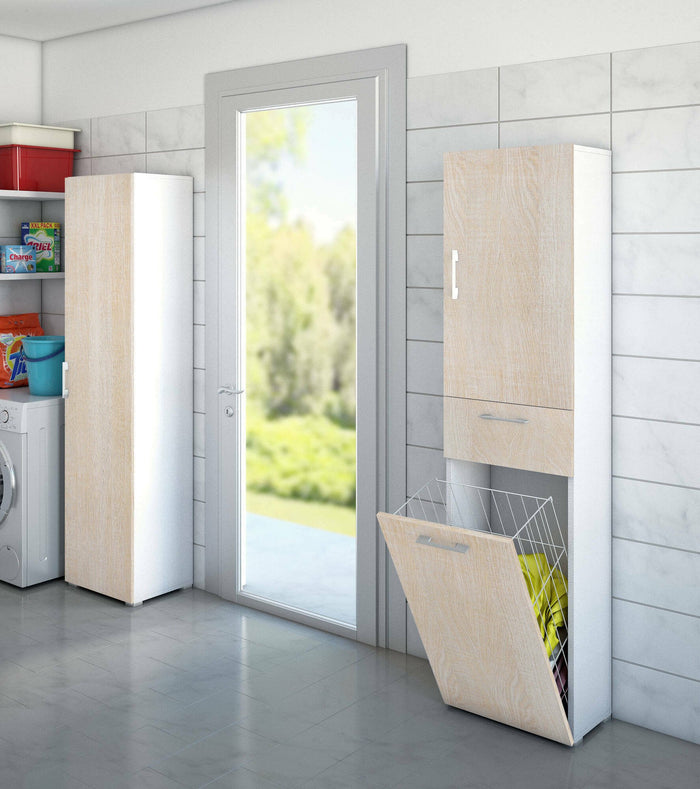 Armadio multiuso Aryanne, Mobile lavanderia lineare a 2 Ante, Colona da bagno con cestello potrabiancheria, Made in Italy, Cm 45x32h195, Rovere e Bianco
