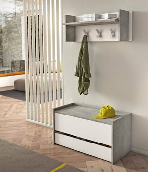 Cassapanca Sogno, Mobile da ingresso moderno con scarpiera, Cassapanca baule con due contenitori, Made in Italy, Cm 90x40h46, Bianco e Cemento