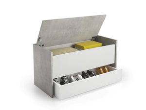 Cassapanca Sogno, Mobile da ingresso moderno con scarpiera, Cassapanca baule con due contenitori, Made in Italy, Cm 90x40h46, Bianco e Cemento