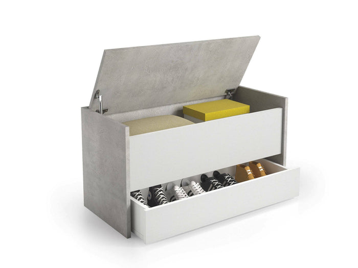 Cassapanca Sogno, Mobile da ingresso moderno con scarpiera, Cassapanca baule con due contenitori, Made in Italy, Cm 90x40h46, Bianco e Cemento