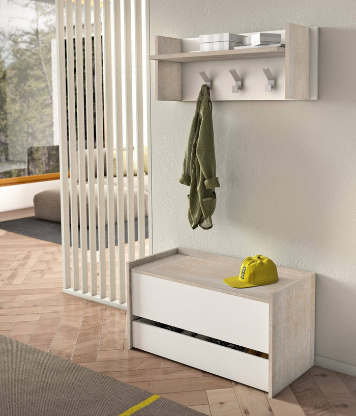 Cassapanca Sogno, Mobile da ingresso moderno con scarpiera, Cassapanca baule con due contenitori, Made in Italy, Cm 90x40h46, Bianco e Rovere