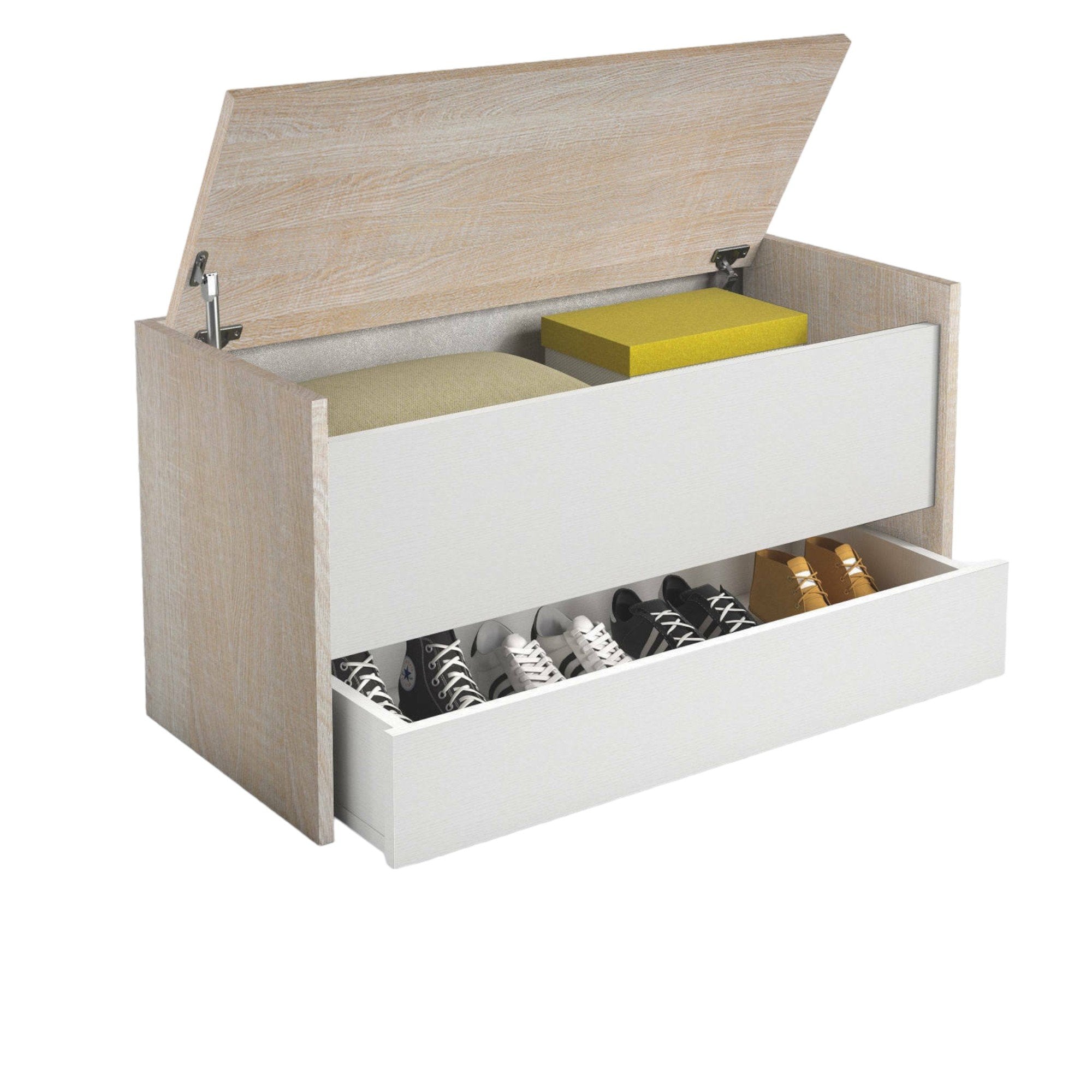 Cassapanca Sogno, Mobile da ingresso moderno con scarpiera, Cassapanca baule con due contenitori, Made in Italy, Cm 90x40h46, Bianco e Rovere