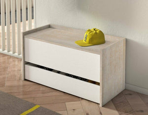 Cassapanca Sogno, Mobile da ingresso moderno con scarpiera, Cassapanca baule con due contenitori, Made in Italy, Cm 90x40h46, Bianco e Rovere