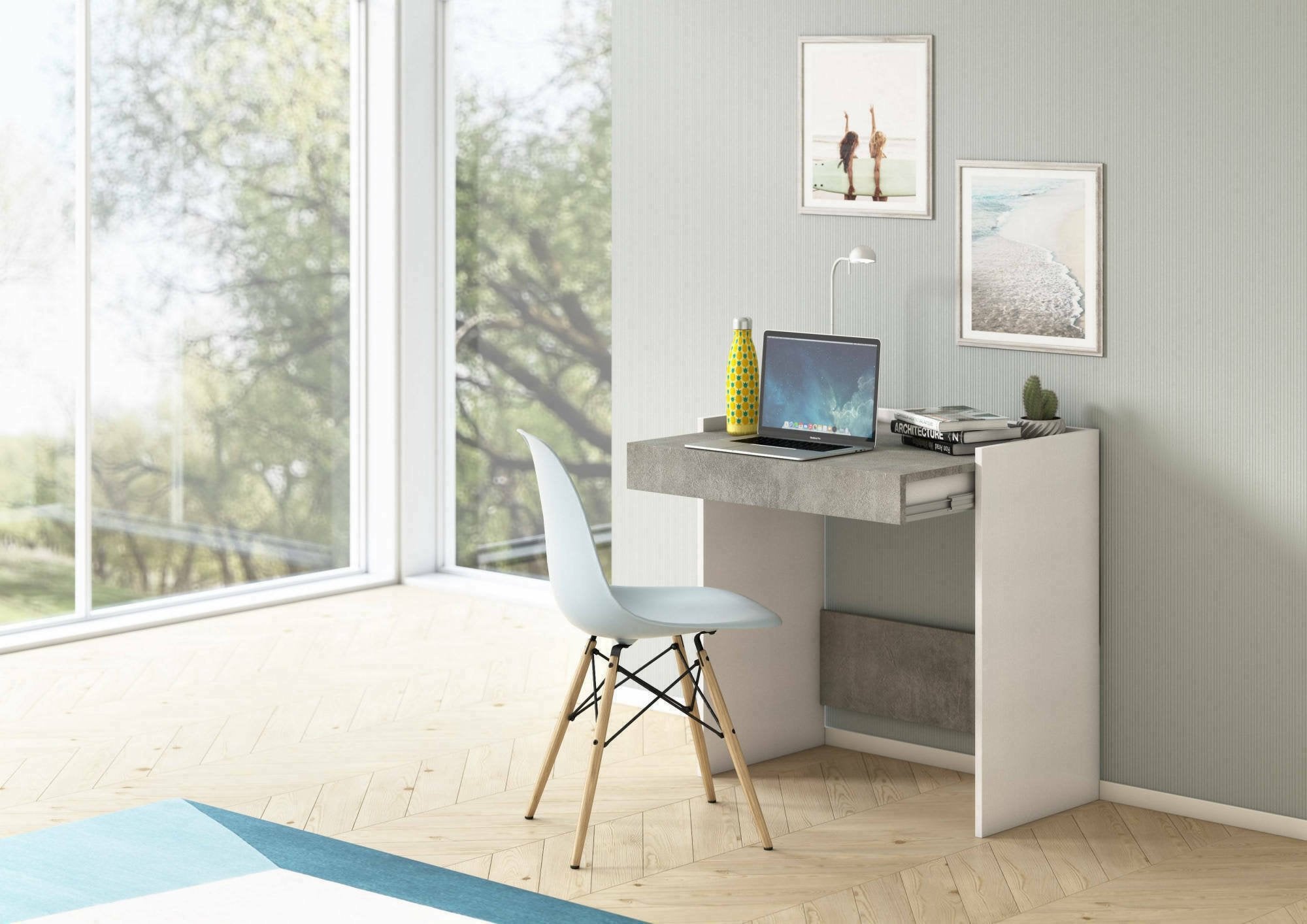 Scrivania Adri, Scrittoio moderno con cassetto, Tavolo da studio o ufficio porta PC portalibri, Made in Italy, Cm 80x40h79, Bianco e Cemento