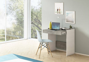 Scrivania Adri, Scrittoio moderno con cassetto, Tavolo da studio o ufficio porta PC portalibri, Made in Italy, Cm 80x40h79, Bianco e Cemento