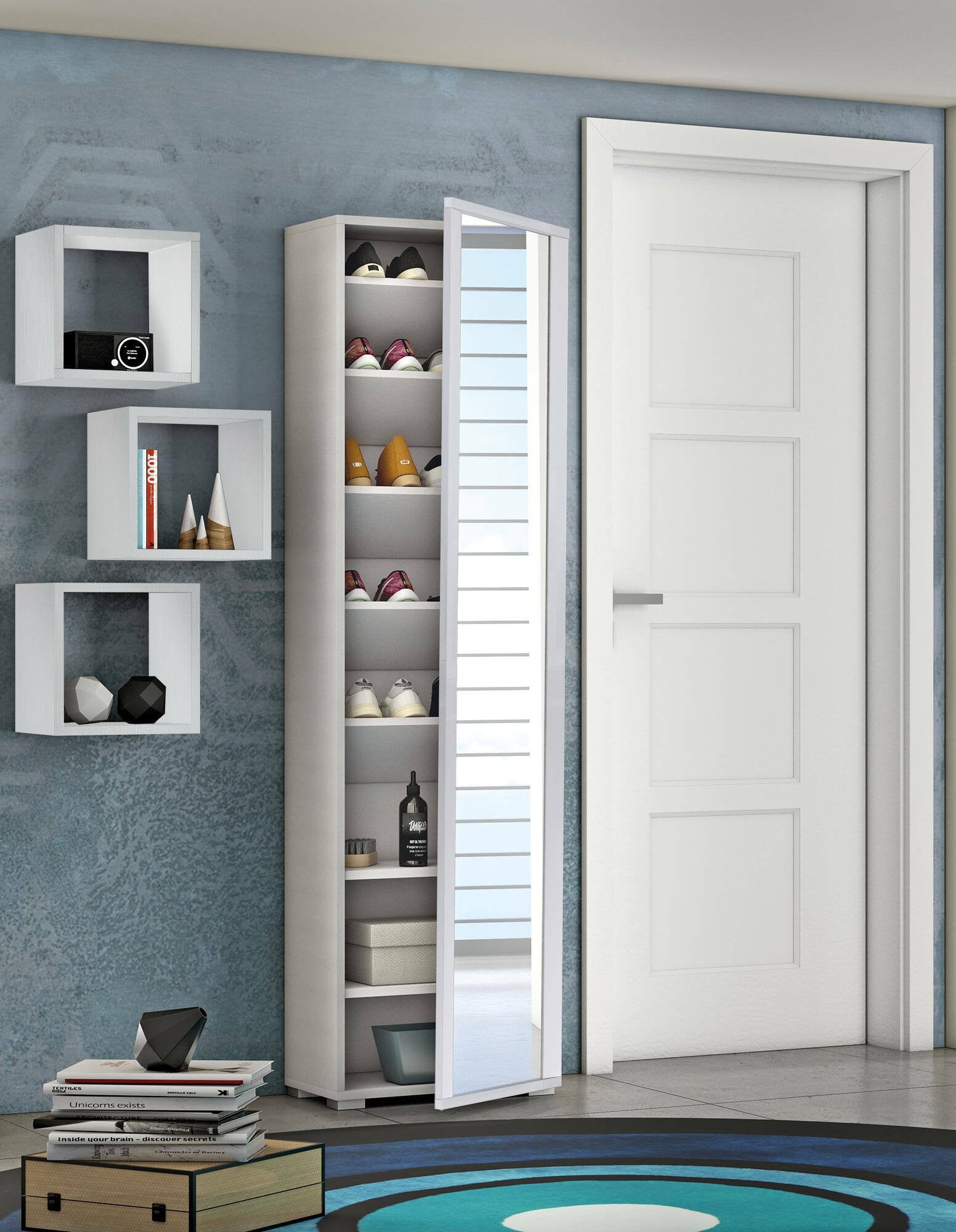 Scarpiera Asiago, Mobile multiuso da ingresso con anta a specchio , Armadio moderno portascarpe a 7 ripiani, Made in Italy, Cm 50x32hx182, Bianco