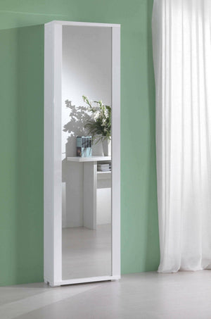 Scarpiera Asiago, Mobile multiuso da ingresso con anta a specchio , Armadio moderno portascarpe a 7 ripiani, Made in Italy, Cm 50x32hx182, Bianco