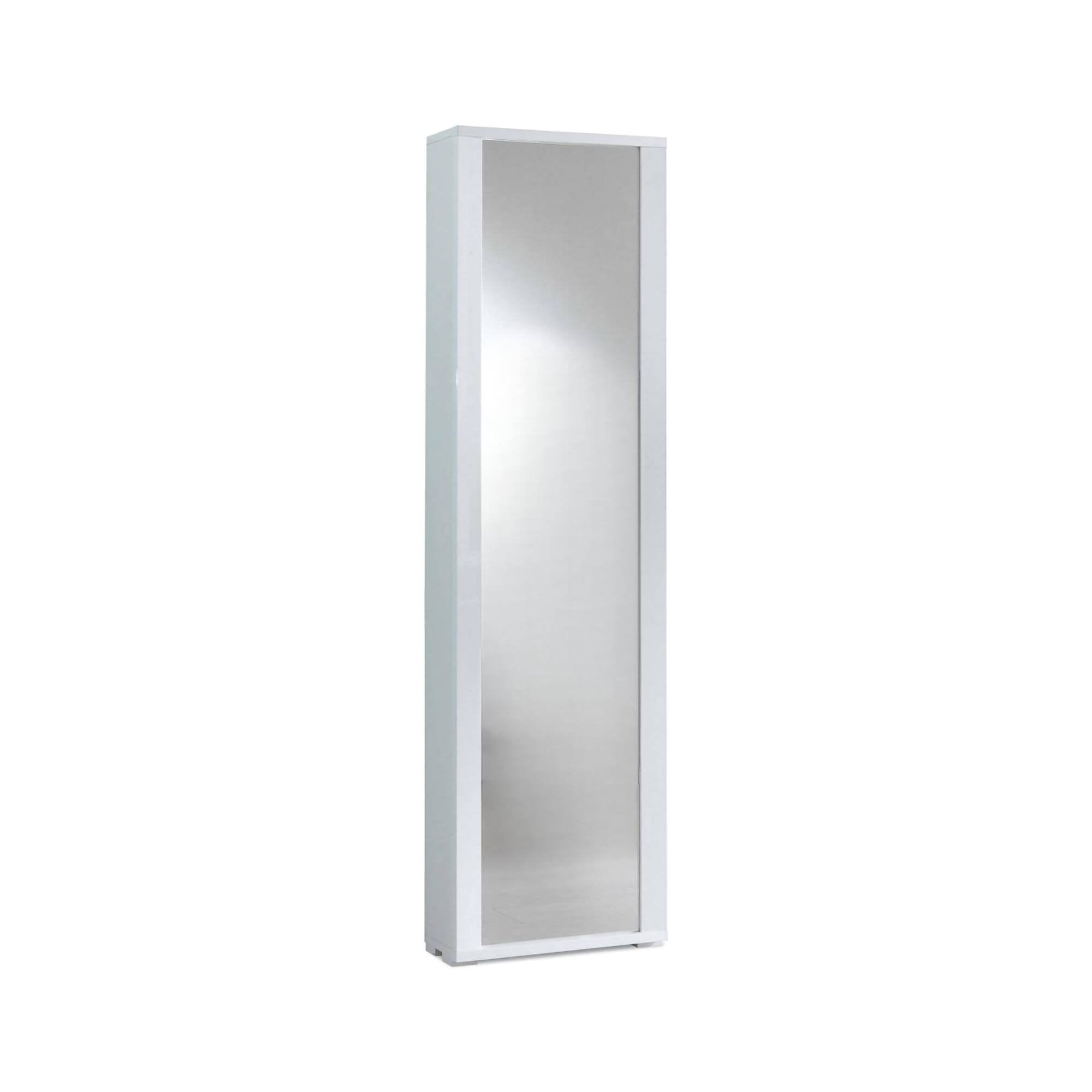 Scarpiera Asiago, Mobile multiuso da ingresso con anta a specchio , Armadio moderno portascarpe a 7 ripiani, Made in Italy, Cm 50x32hx182, Bianco