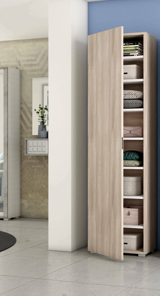 Armadio multiuso Abuela, Mobile lineare a 1 Anta e 7 ripiani, Colonna da ingresso o bagno, Scarpiera moderna, Made in Italy, Cm 50x30h182, Olmo