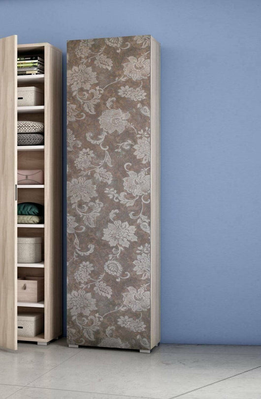 Armadio multiuso Abuela, Mobile lineare a 1 Anta e 7 ripiani, Colonna da ingresso o bagno, Scarpiera moderna, Made in Italy, Cm 50x30h182, Olmo e fantasia