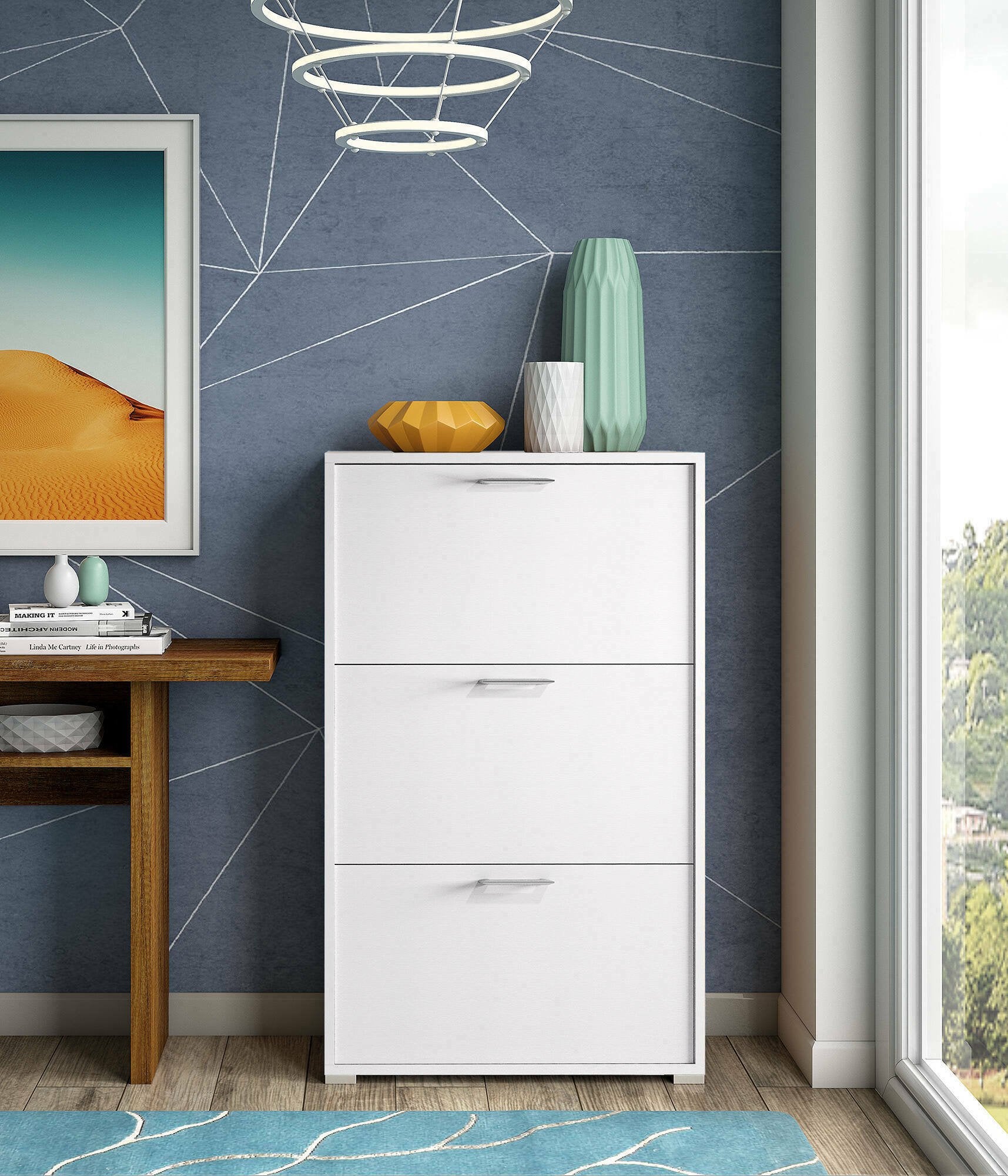 Scarpiera Amelisa, Mobile multiuso da ingresso con 3 ante a ribalta, Armadietto portascarpe moderno, Made in Italy, Cm 67x18h112, Bianco