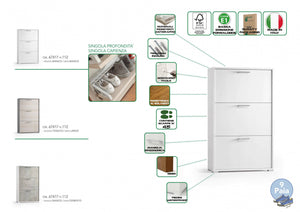 Scarpiera Amelisa, Mobile multiuso da ingresso con 3 ante a ribalta, Armadietto portascarpe moderno, Made in Italy, Cm 67x18h112, Bianco e Cemento