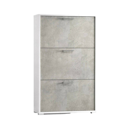 Scarpiera Amelisa, Mobile multiuso da ingresso con 3 ante a ribalta, Armadietto portascarpe moderno, Made in Italy, Cm 67x18h112, Bianco e Cemento