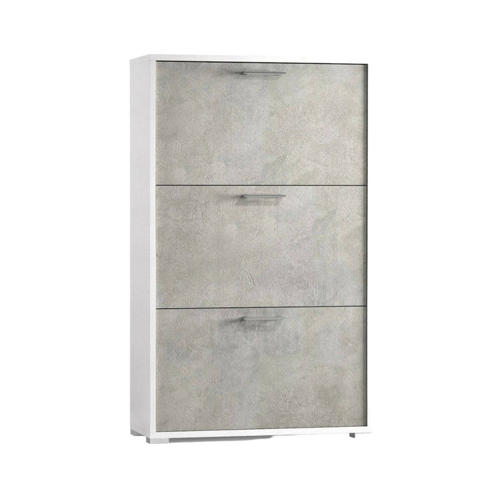 Scarpiera Amelisa, Mobile multiuso da ingresso con 3 ante a ribalta, Armadietto portascarpe moderno, Made in Italy, Cm 67x18h112, Bianco e Cemento