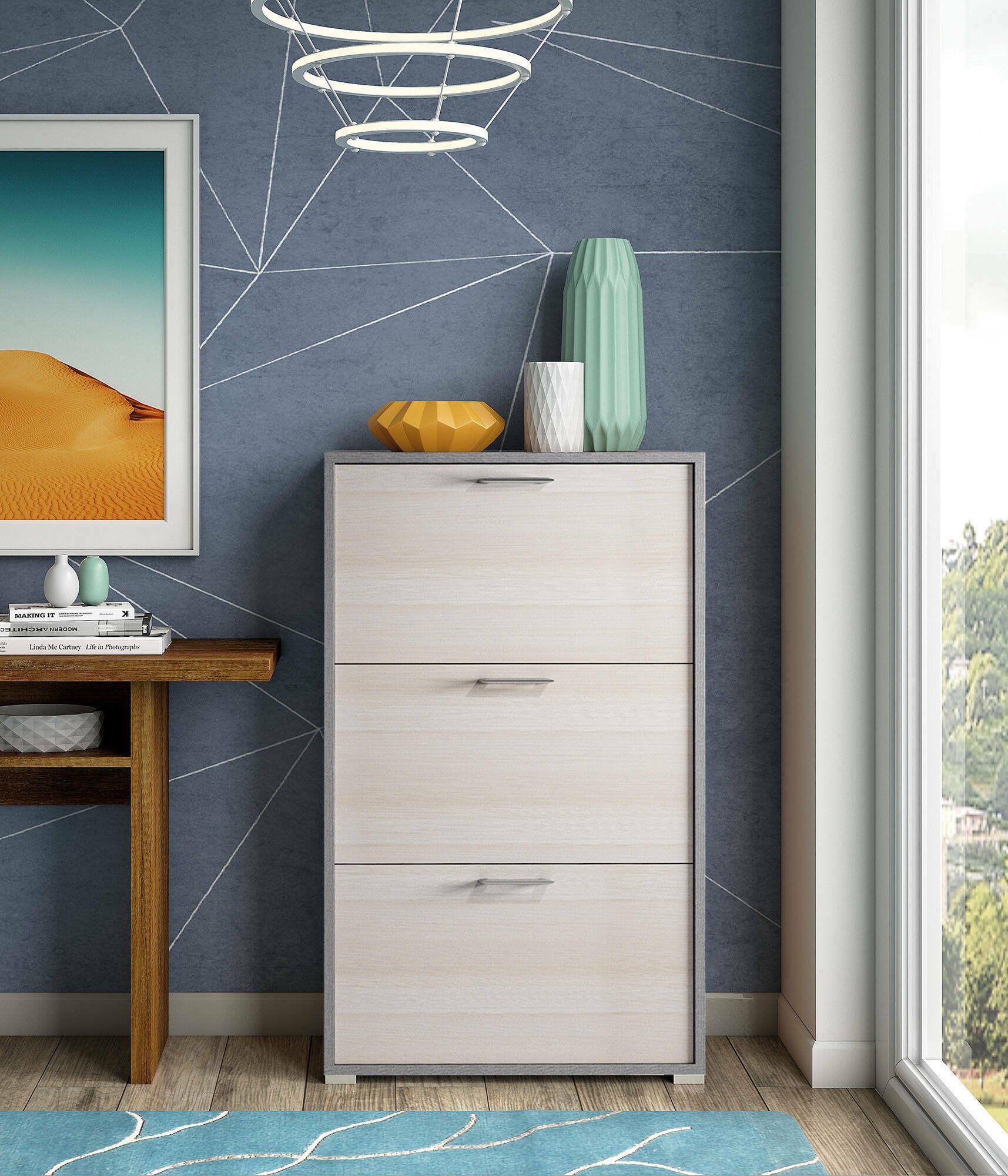 Scarpiera Amelisa, Mobile multiuso da ingresso con 3 ante a ribalta, Armadietto portascarpe moderno, Made in Italy, Cm 67x18h112, Larice