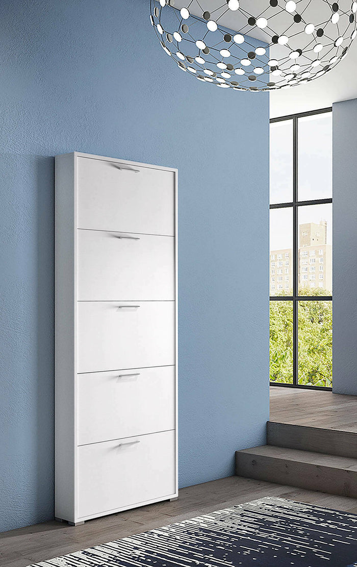Scarpiera Amigo, Mobile multiuso da ingresso con 5 ante a ribalta, Armadietto portascarpe moderno, Made in Italy, Cm 67x18h184, Bianco