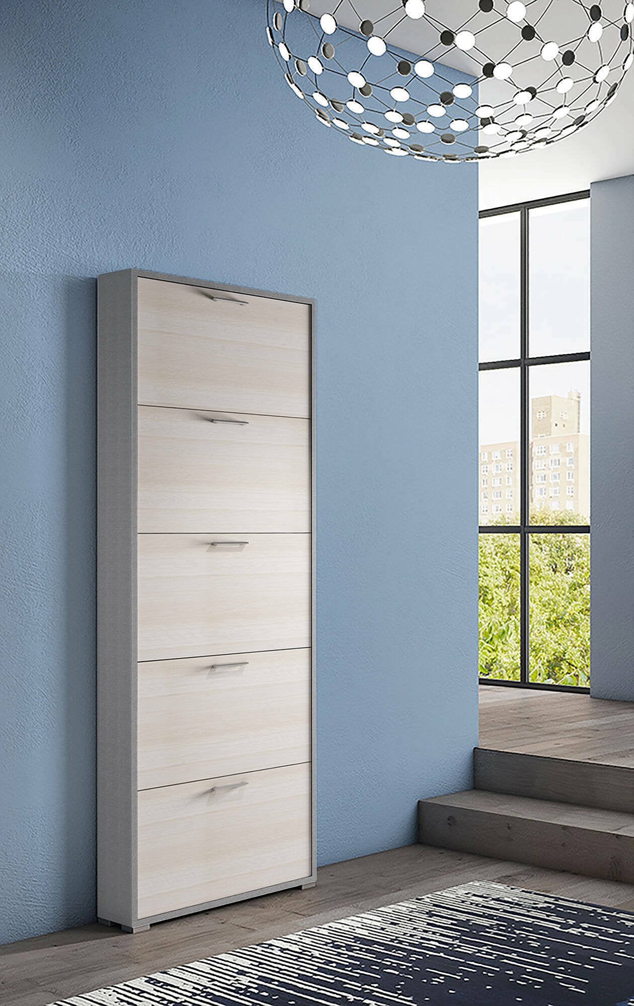 Scarpiera Amigo, Mobile multiuso da ingresso con 5 ante a ribalta, Armadietto portascarpe moderno, Made in Italy, Cm 67x18h184, Larice