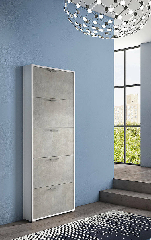 Scarpiera Amigo, Mobile multiuso da ingresso con 5 ante a ribalta, Armadietto portascarpe moderno, Made in Italy, Cm 67x18h184, Cemento e Bianco