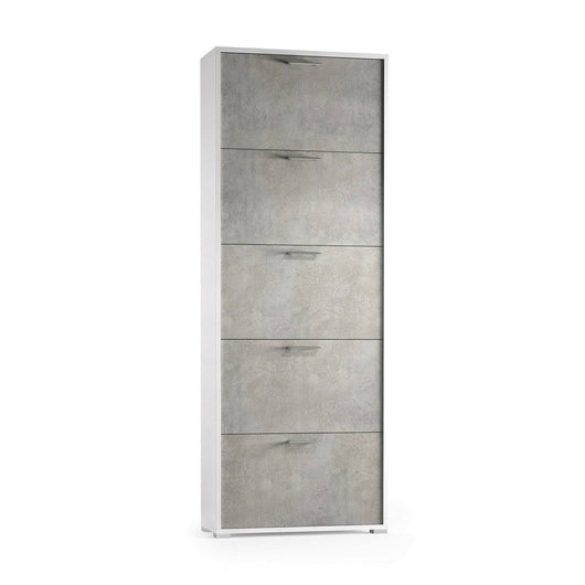 Scarpiera Amigo, Mobile multiuso da ingresso con 5 ante a ribalta, Armadietto portascarpe moderno, Made in Italy, Cm 67x18h184, Cemento e Bianco