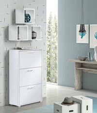 Scarpiera Axinite, Mobile multiuso da ingresso con 3 ante a ribalta, Armadietto portascarpe a doppia profonditÒ , Made in Italy, Cm 67x28h112, Bianco
